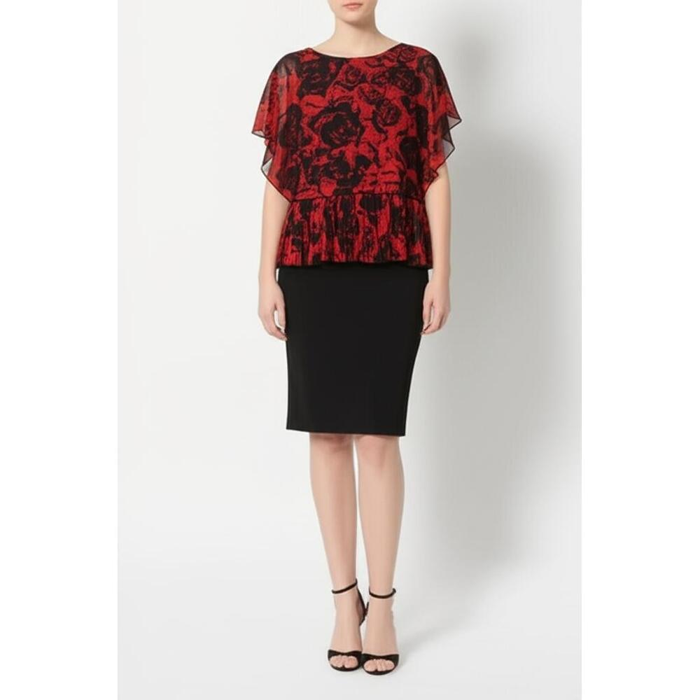 Connected Red Black Floral Pleated Peplum‎ Top Sheer Flutter Sleeves Size 12